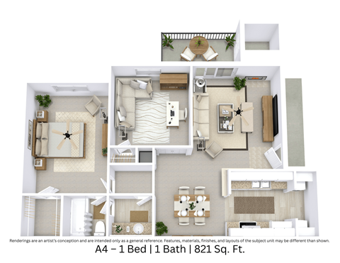 Floor plan for 1 bed, 1 bath, 821 sqft